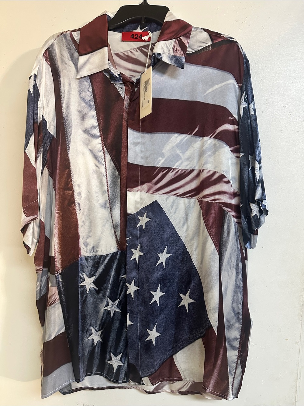 424 USA Flag Print Short-Sleeve Button-Down Shirt - Burgundy, Navy & White
